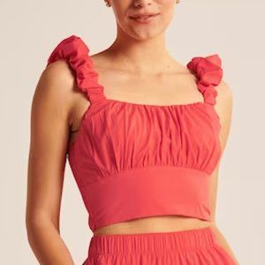 Abercrombie Ruched Bust Puff Sleeve Strap Tank Crop Top Poplin Cotton